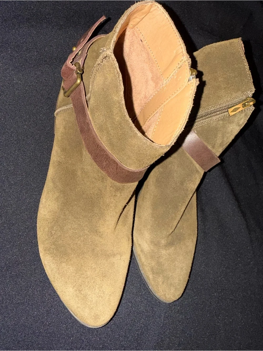 American Rag Brianna Olive Suede Ankle Boots with Brown Strap